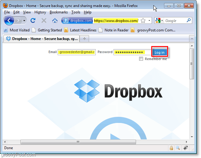 Slika zaslona Dropbox - prijava v dropbox