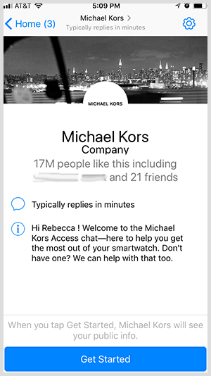 Če želite uporabiti Messenger bot, kot je Michael Kors, uporabniki kliknejo gumb Začni.
