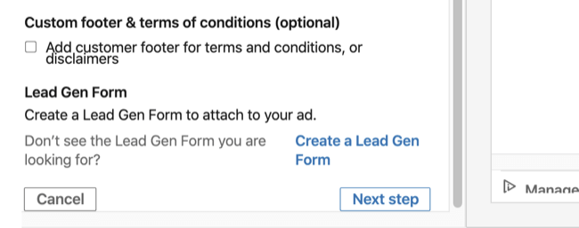 Možnost Lead Gen Form v razdelku Basic Info nastavitve oglasov v pogovoru LinkedIn