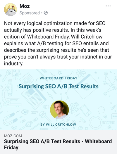 Facebook oglaševalske tehnike, ki prinašajo rezultate, na primer Moz, ki ponuja raziskovalne vsebine z blagovno znamko