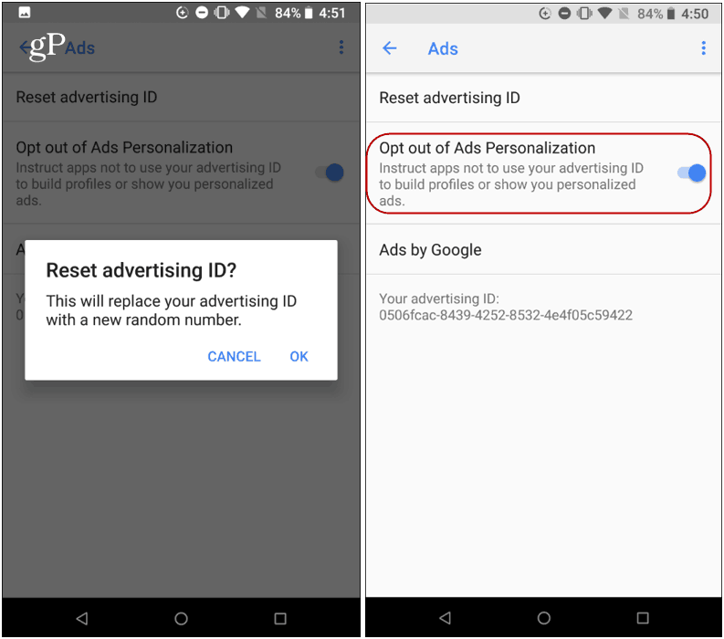 ponastavite ID oglaševanja Android