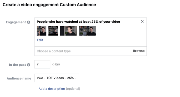 Ustvarite Facebook občinstvo gledalcev videoposnetkov po meri, 2. korak.