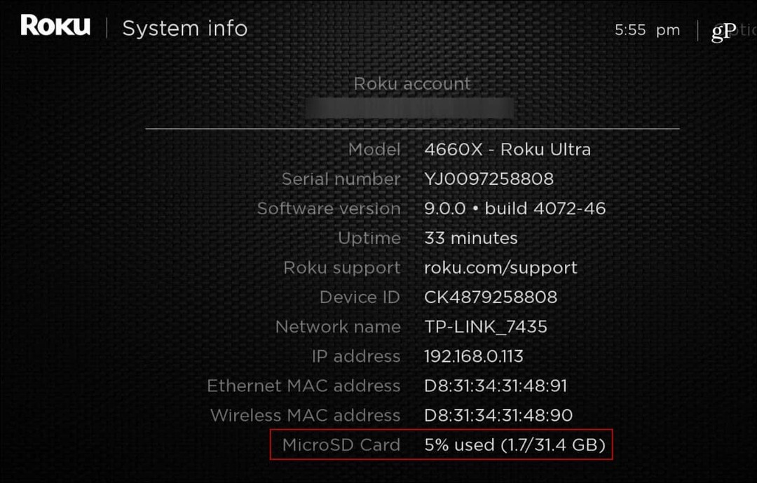 Roku_Ultra sistemske informacije MicroSD kartica