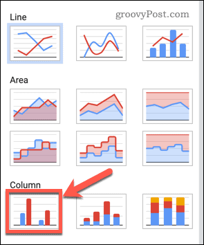 Izbira stolpčnega grafikona v Google Preglednicah