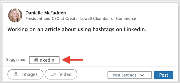 Uporabite enega od predlogov hashtagov LinkedIn ali vnesite želene hashtage.