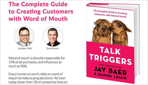 To je posnetek zaslona spletnega mesta Talk Triggers. Na levi je besedilo o knjigi in fotografijah Jaya Baerja in Daniela Lemina. Na desni je naslovnica knjige za Talk Triggers.