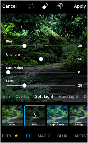 Prilagodite intenzivnost učinka v mobilnih aplikacijah, kot je PicsArt.