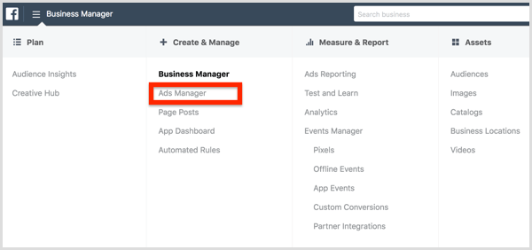 V meniju Facebook Business Manager izberite Ads Manager.