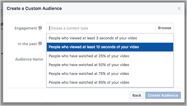 Facebook občinstvo po meri na podlagi 10-sekundnih ogledov videoposnetkov.