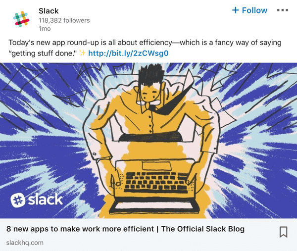 Primer objave na strani podjetja Slack LinkedIn.