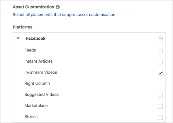 če želite svoje video oglase prikazovati samo na Facebooku, v razdelku Facebook izberite In-Stream Videos.