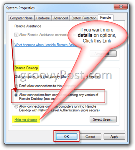 Windows 7 - Oddaljene nastavitve Omogoči radijski gumb RDP