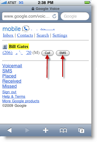 Google Voice Mobile Pokličite ali pošljite SMS Txt sporočilo