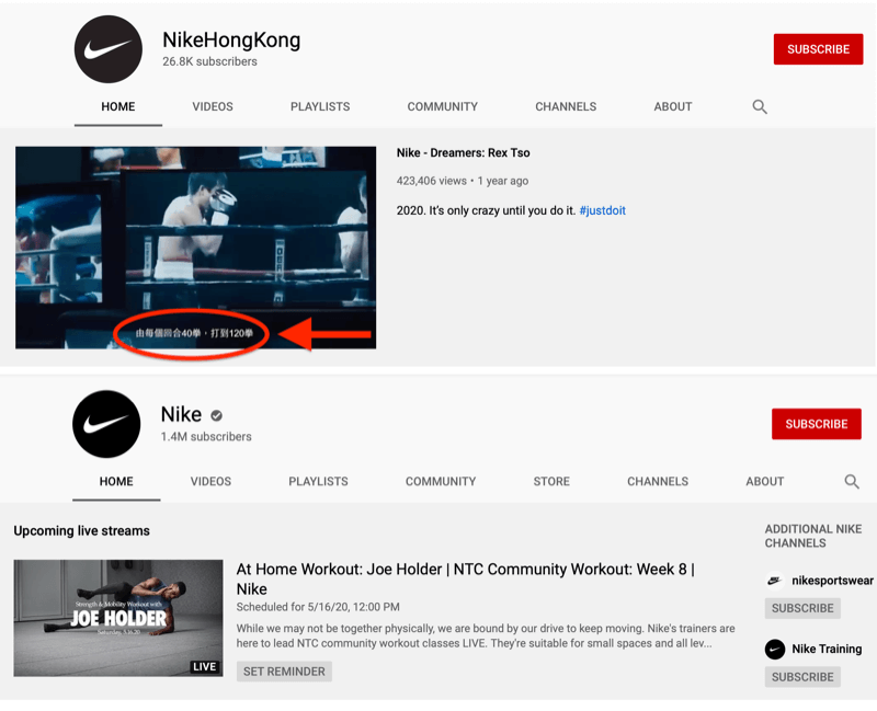 Nikeov tržni račun YouTube in tržni račun Hongkonga
