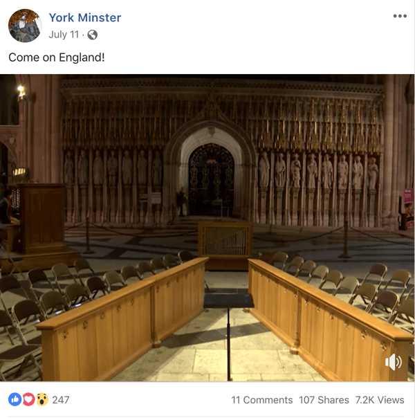 Primer objave na Facebooku z aktualno temo York Minster.
