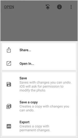 Skupno rabo, shranjevanje ali izvoz slike v mobilne aplikacije, kot je Snapseed.