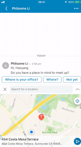 LinkedIn je napovedal nov dodatek k svoji funkciji za sporočanje, ki uporabnikom omogoča, da delijo svojo lokacijo ali lokacijo v bližini, da se sestanejo.
