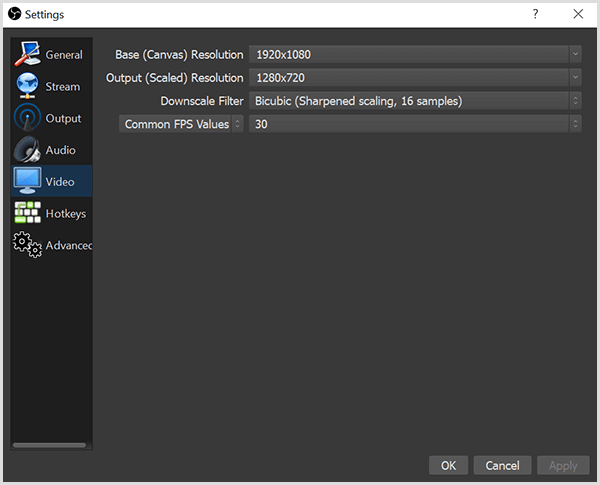 Pogovorno okno Nastavitve OBS Studio ima na zavihku Video možnosti za nastavitev osnovne ločljivosti in izhodne ločljivosti. V škatli so tudi možnosti za manjši filter in FPS ali sličice na sekundo.