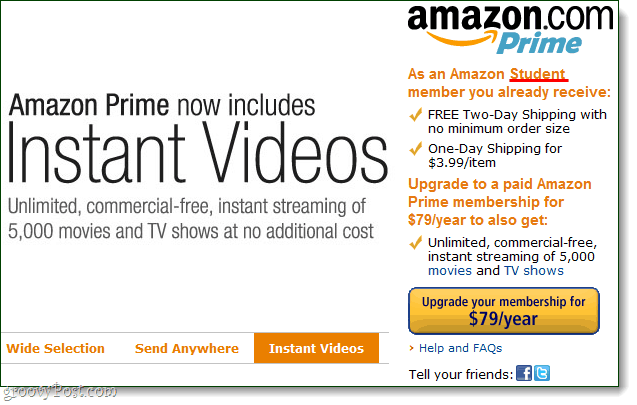 Amazon instant videoposnetki, ki se ne uporabljajo za študentske račune