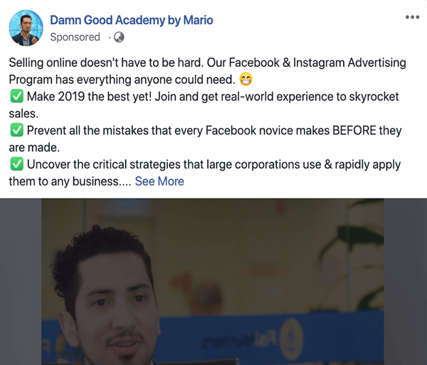 Kako pisati in strukturirati besedila, ki jih sponzorira Facebook, v daljši obliki, problem in rešitev tipa 1, primer Damn Good Academy avtor Mario