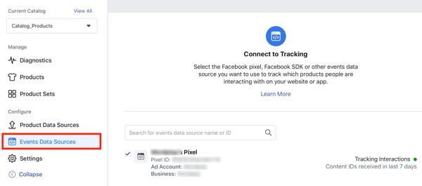 Z orodjem za nastavitev dogodka Facebook, korak 24, možnost menija, povežite pixel Facebook s svojim katalogom