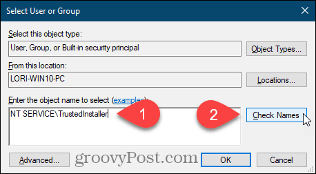 Vnesite uporabniško ime in kliknite Preveri imena registracijskega ključa Windows