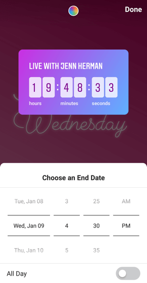 Kako uporabiti nalepko Instagram Countdown za podjetja, korak 4, končni čas odštevanja.