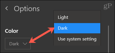 Izberite Barva, temno za OneNote Windows 10
