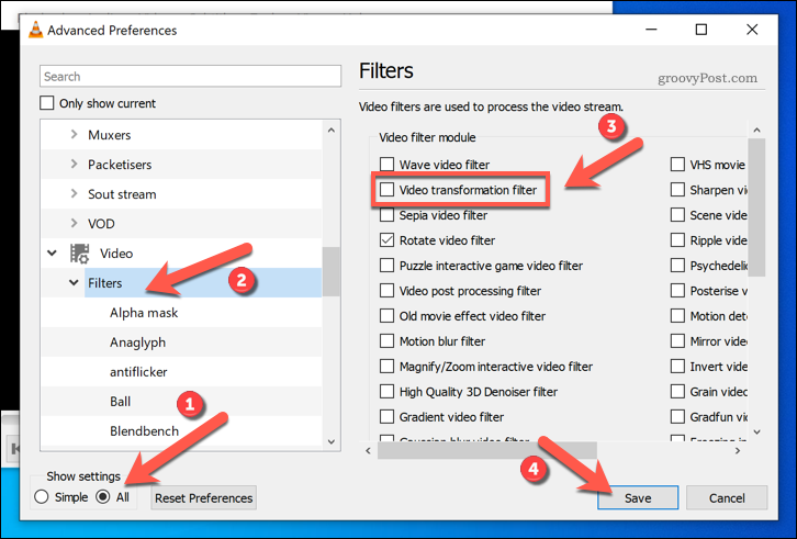 Omogočanje filtrov za pretvorbo videa v VLC v sistemu Windows