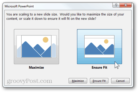 spreminjanje razmerja velikosti razmerja velikost Powerpoint 2013 funkcija maksimizira zagotovitev prileganja