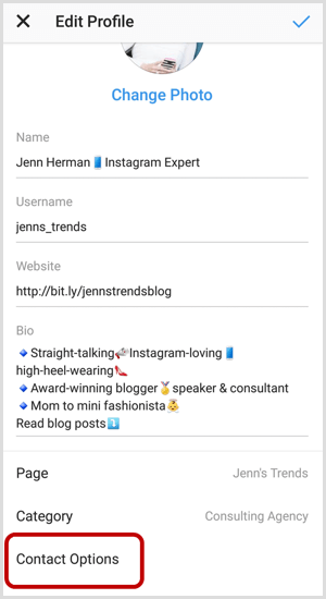 Možnosti stikov na zaslonu Instagram Edit Profile