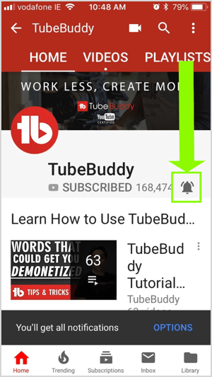 Ikona YouTubovega obvestila je videti kot zvonec in je prikazana skrajno desno v vrsti ikon, ki vključujejo povečevalno steklo, video kamero, mrežo in puščico v govornem oblačku. Ko se naročite na kanal, se ikona obvestila spremeni iz sive v rdečo in vas obvesti, kdaj kanal objavi nov video.