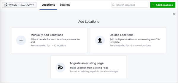 Na svoji Facebook strani vidite tri možnosti za dodajanje lokacij.