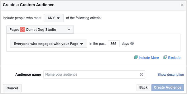 Facebook Pogovorno okno Ustvari ciljno skupino po meri omogoča ciljanje oglasov na ljudi, ki so v določenem časovnem obdobju sodelovali z vašim spletnim mestom.