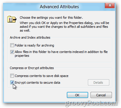 Windows 8 Advanced Properties - Omogoči EFS