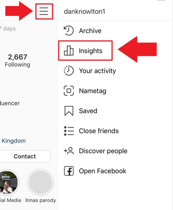 Trženjska strategija socialnih medijev; Posnetek zaslona, ​​kje dostopati do Instagram Insights v aplikaciji Instagram.
