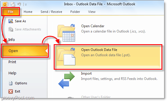 odprite mapo, ki vsebuje arhivsko datoteko pst iz programa Outlook 2010