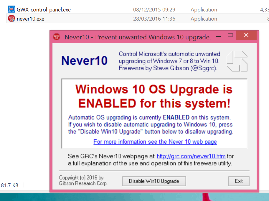 Zaustavite nadgradnjo sistema Windows 10 z Never 10 ali GWX App Itself