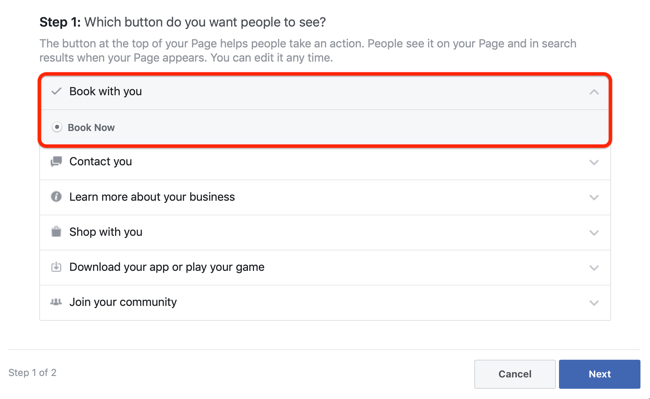 1. korak, kako dodati CTA za sestanke na Facebook stran