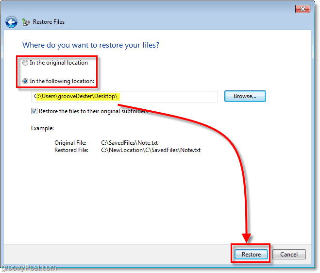 Varnostno kopiranje sistema Windows 7 - izberite cilj za obnovljene datoteke