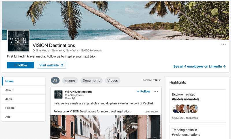 Stran podjetja LinkedIn za destinacije VISION