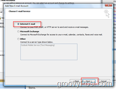 Ustvari nov e-poštni račun v programu Outlook 2007:: internetna e-pošta Radio gumb