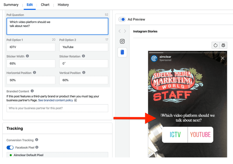 polja za nastavitev ankete oglasov Instagram Stories v programu Ads Manager