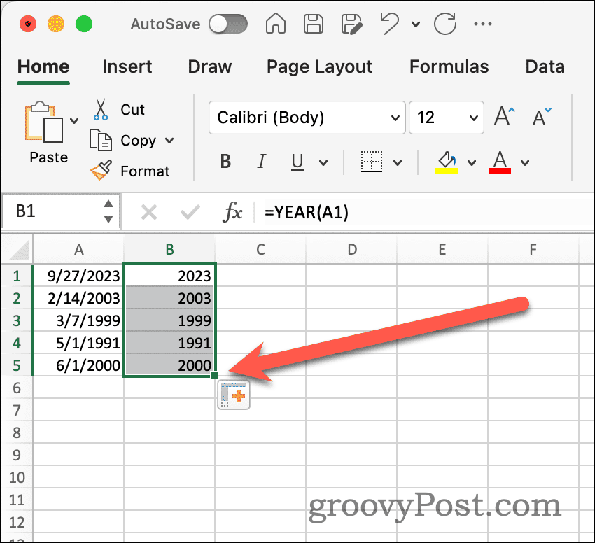 Ročaj za samodejno izpolnjevanje v Excelu