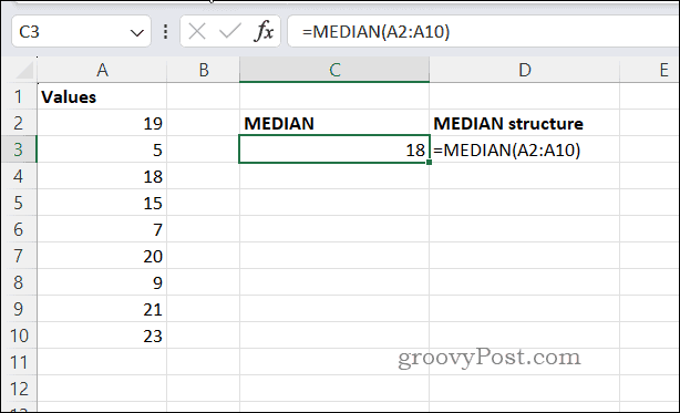 Primer rezultata MEDIAN v Excelu