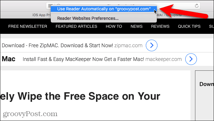 Samodejno uporabljajte bralnik v Safariju za Mac