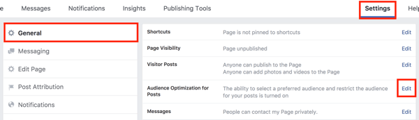 V nastavitvah strani na Facebooku kliknite gumb Uredi na desni strani možnosti Optimizacija občinstva za objave.