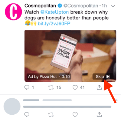 Primer videooglasa v Twitterju z možnostjo preskoka oglasa po 6 sekundah.