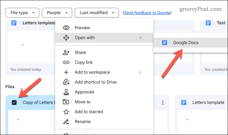 Odpiranje datoteke Google Drive v Google Dokumentih