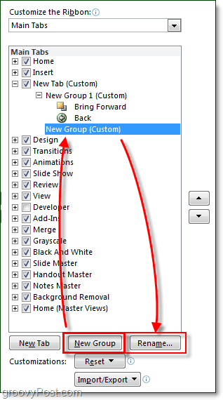 preimenujte zavihke in skupine v traku v programu Office 2010